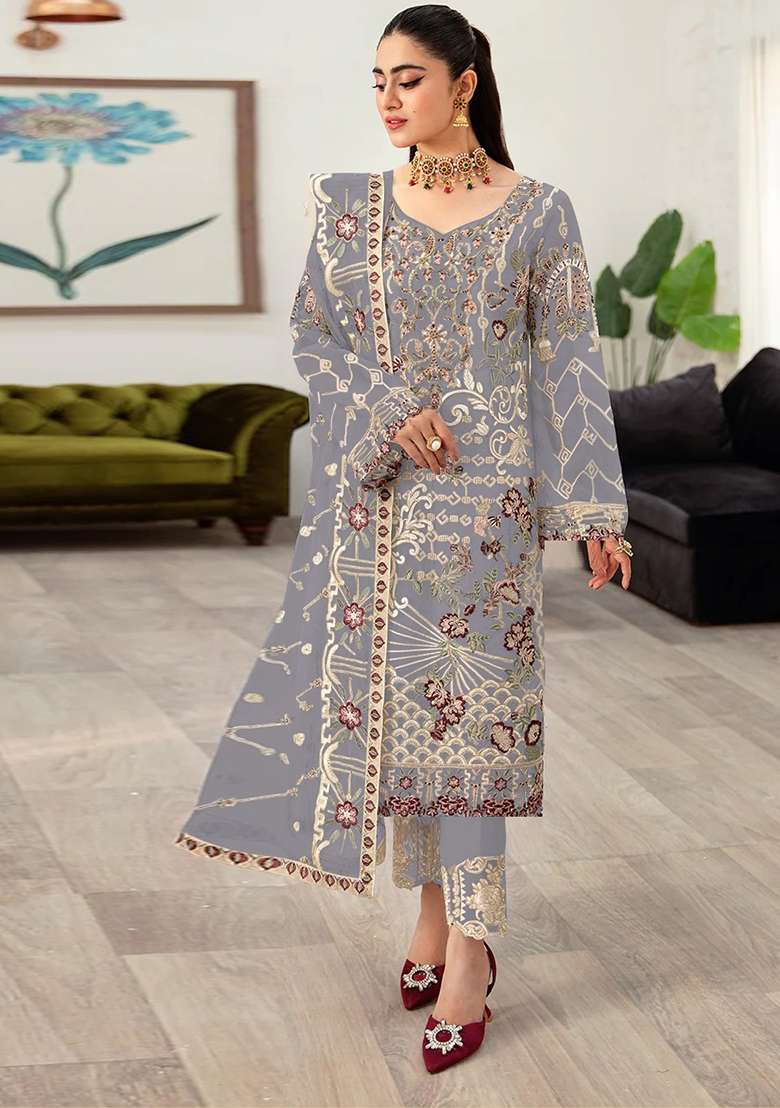 Light Grey Embroidered Faux Georgette Kurta Set - Indya