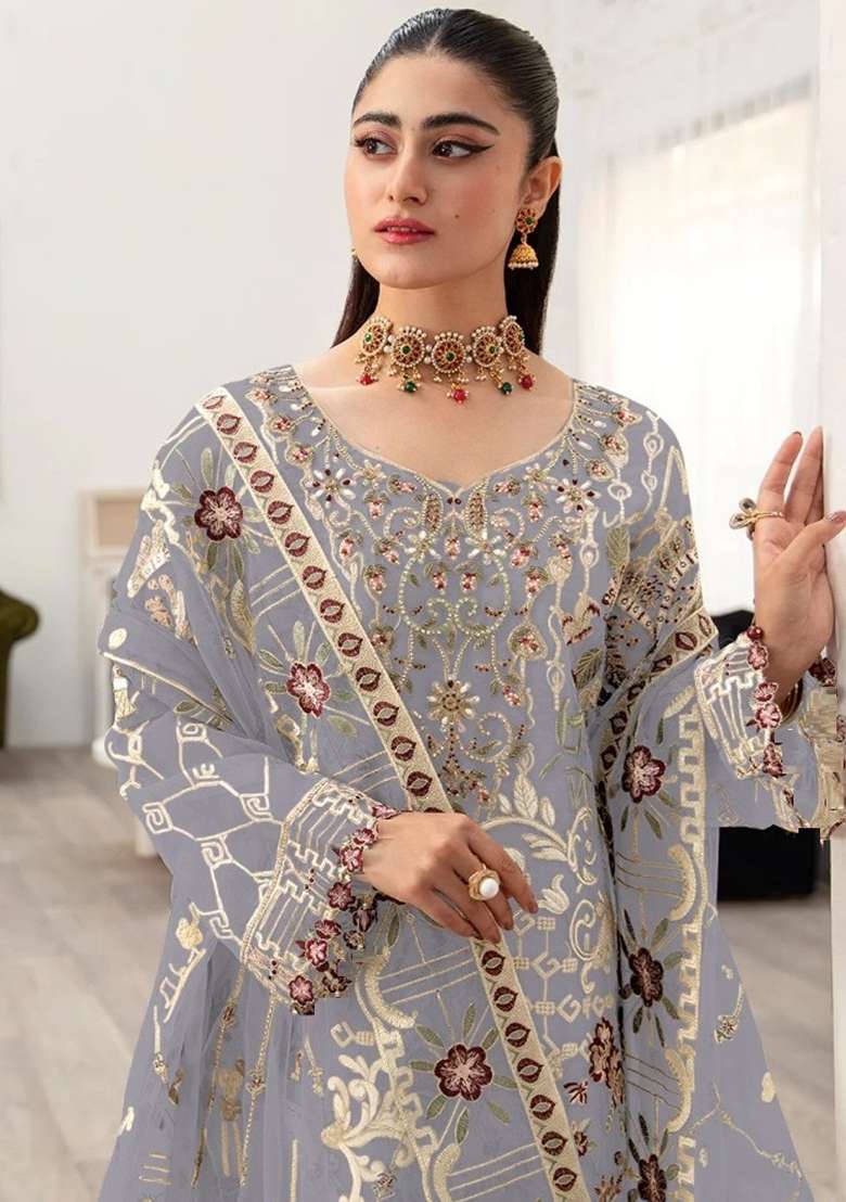 Light Grey Embroidered Faux Georgette Kurta Set - Indya