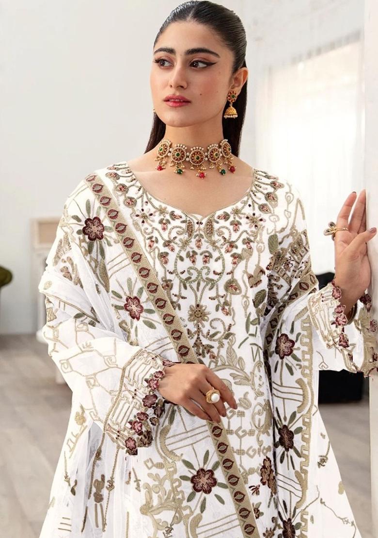 White Embroidered Faux Georgette Kurta Set