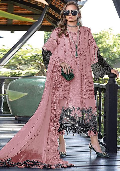 Pink Embroidered Faux Georgette Kurta Set