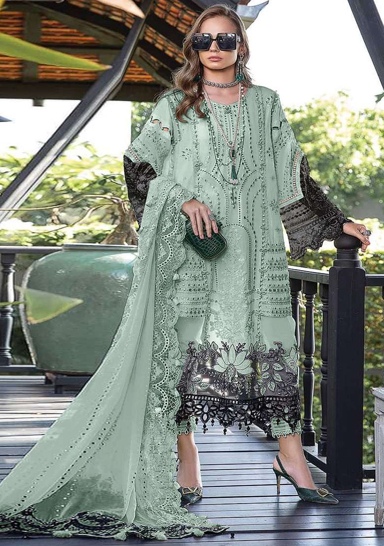 Light Green Embroidered Faux Georgette Kurta Set - Indya