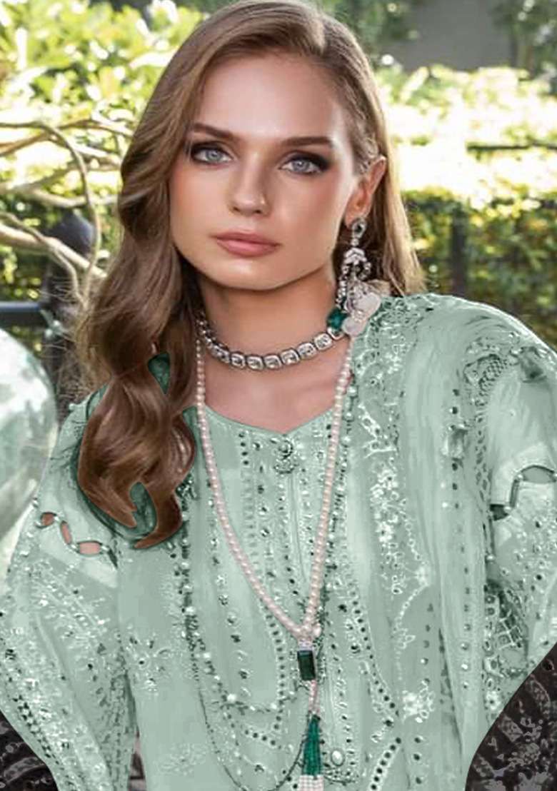 Light Green Embroidered Faux Georgette Kurta Set - Indya