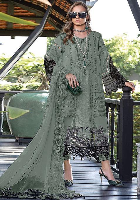 Green Embroidered Faux Georgette Kurta Set