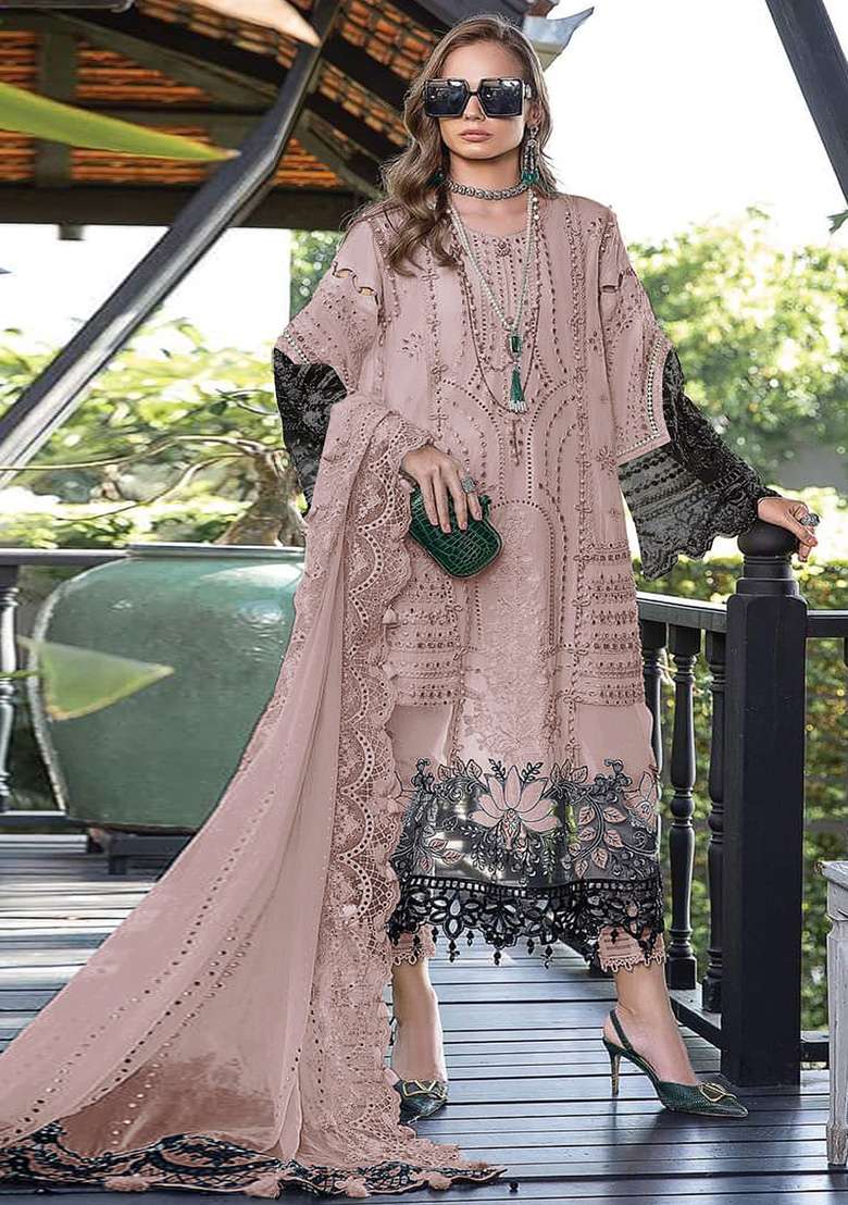 Peach Embroidered Faux Georgette Kurta Set - Indya