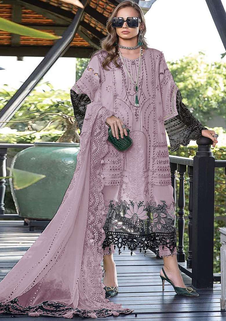 Lavender Embroidered Faux Georgette Kurta Set - Indya