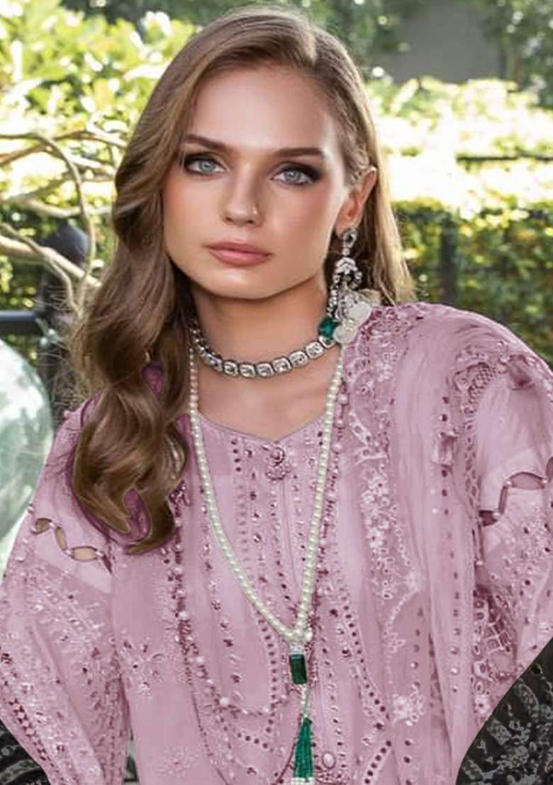 Lavender Embroidered Faux Georgette Kurta Set - Indya