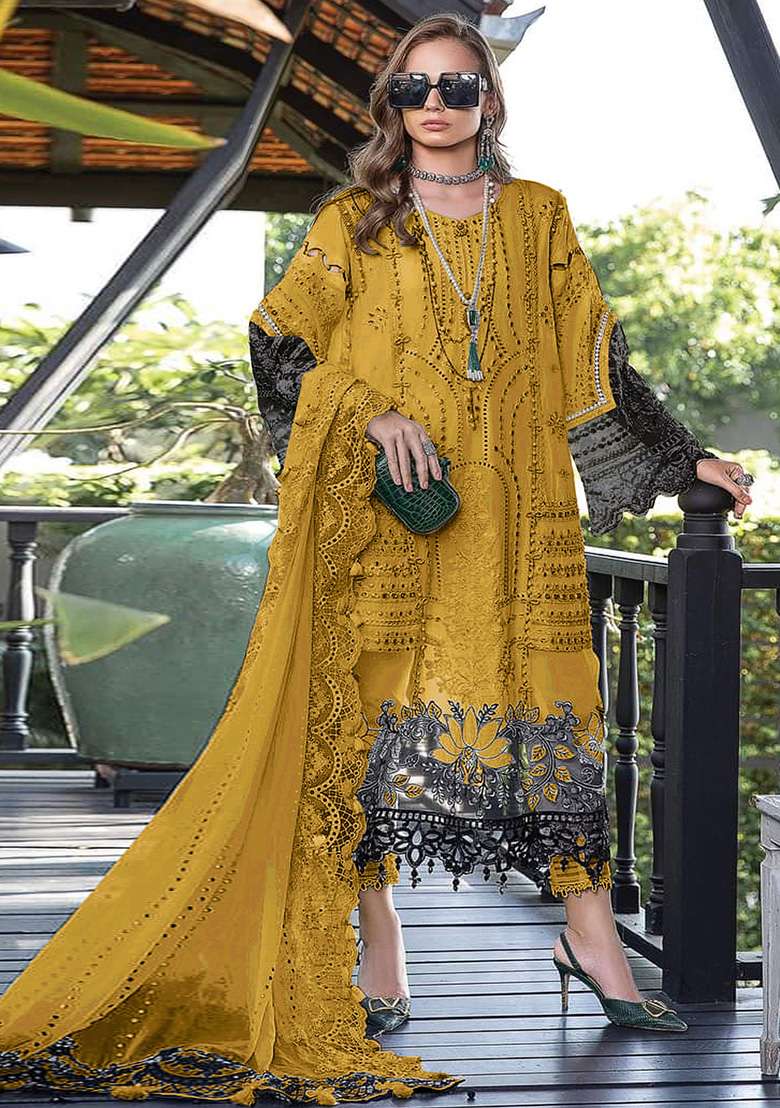 Yellow Embroidered Faux Georgette Kurta Set - Indya