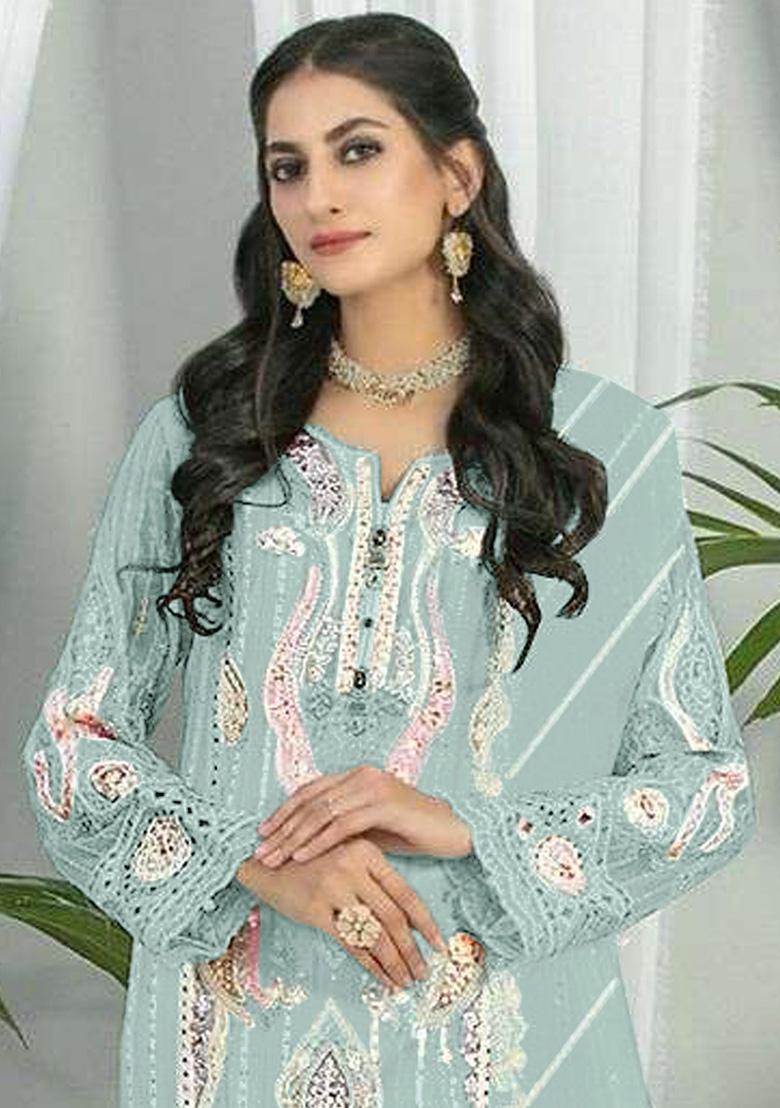 Sky Blue Embroidered Faux Georgette Kurta Set