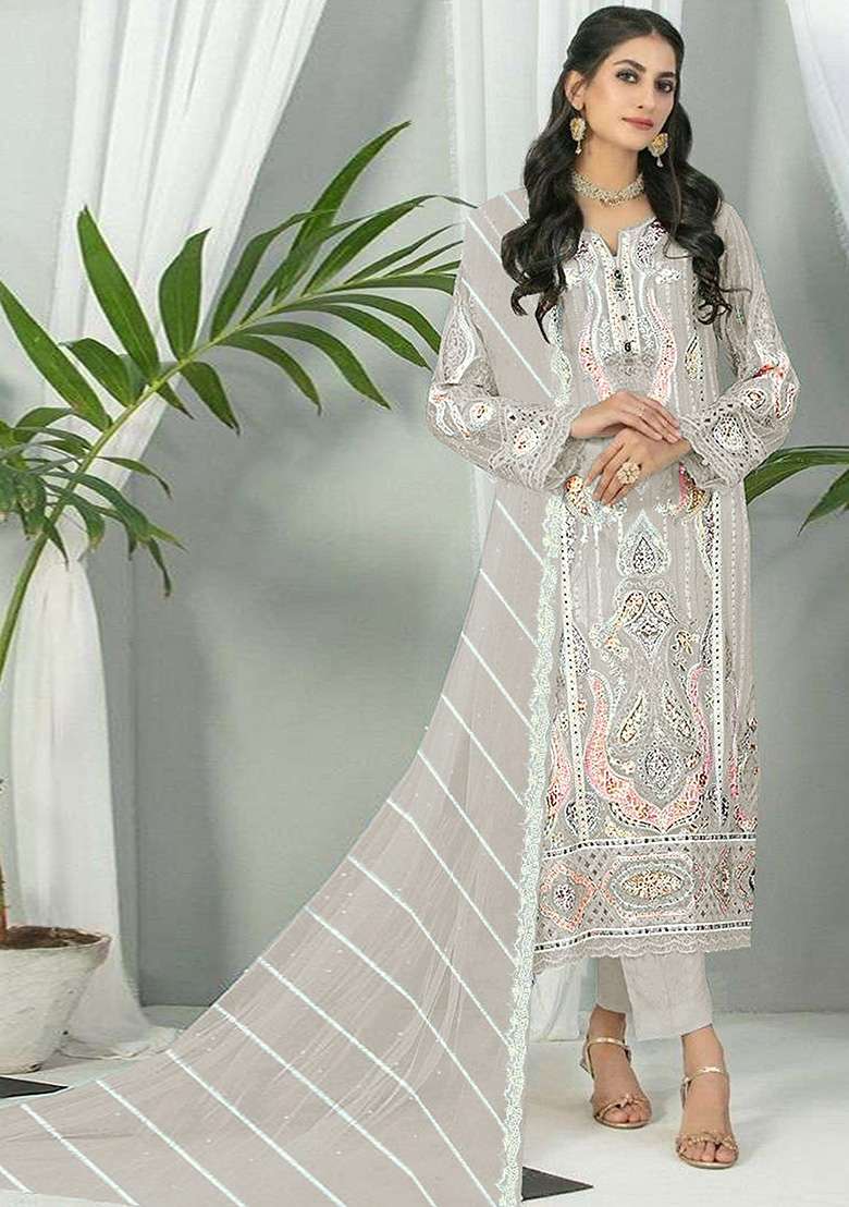 Light Grey Embroidered Faux Georgette Kurta Set - Indya
