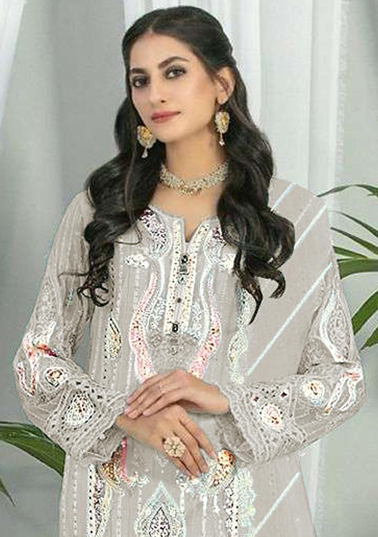 Light Grey Embroidered Faux Georgette Kurta Set