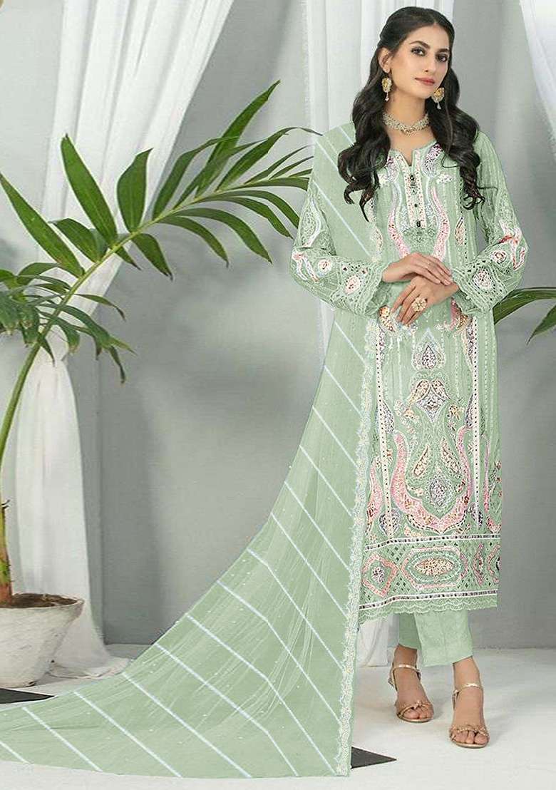 Light Green Embroidered Faux Georgette Kurta Set - Indya