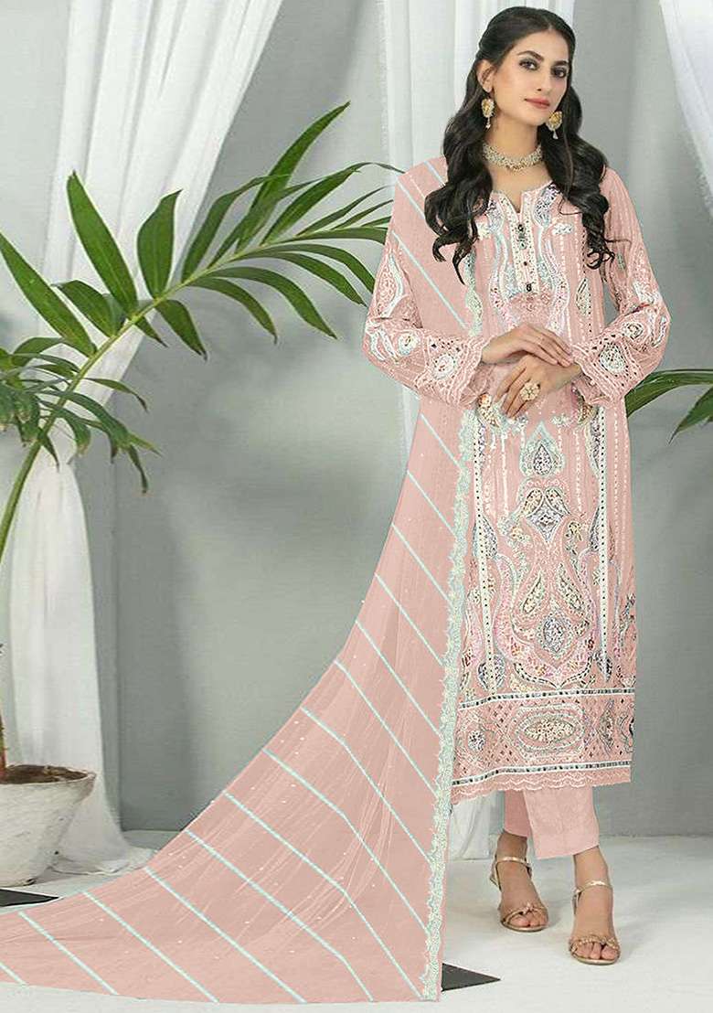 Light Green Embroidered Faux Georgette Kurta Set - Indya