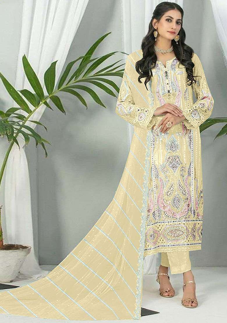 Light Yellow Embroidered Faux Georgette Kurta Set - Indya
