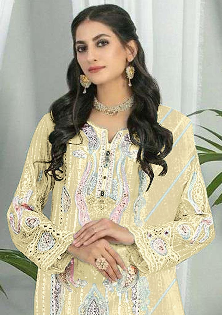 Light Yellow Embroidered Faux Georgette Kurta Set