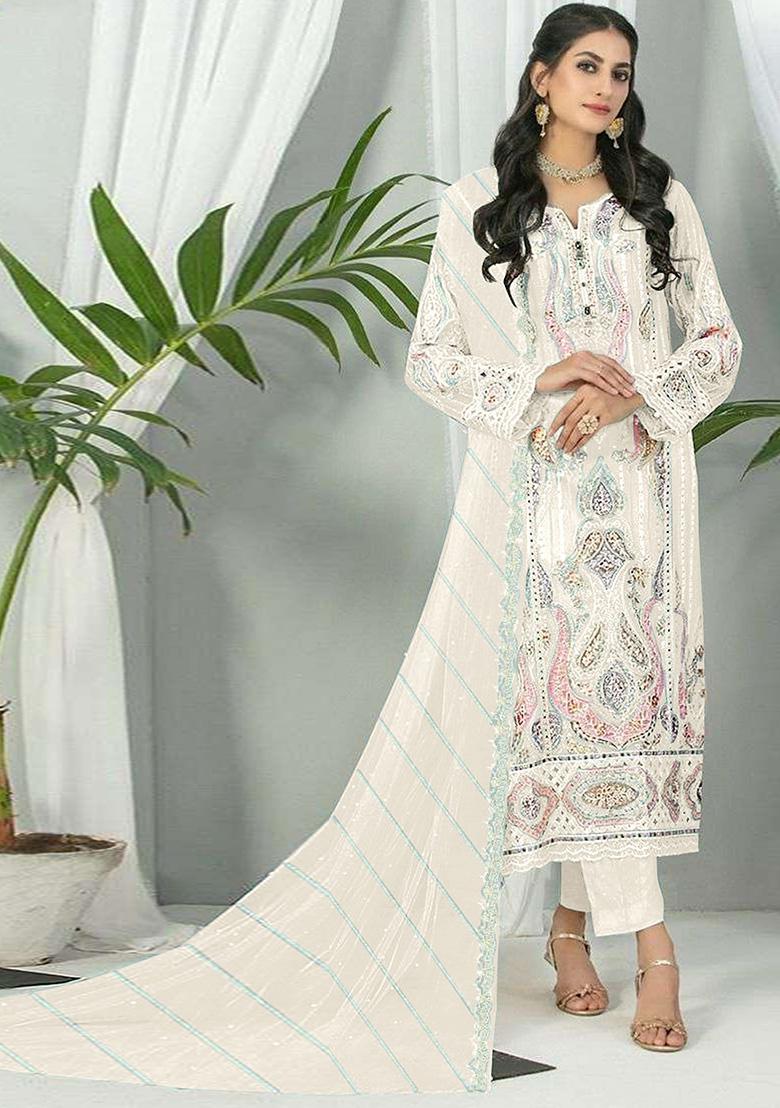White Embroidered Faux Georgette Kurta Set