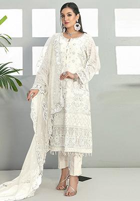 White Embroidered Faux Georgette Kurta Set