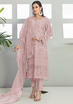 Light Purple Embroidered Faux Georgette Kurta Set