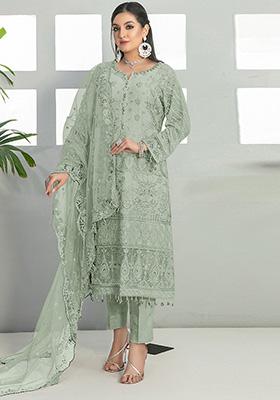 Light Green Embroidered Faux Georgette Kurta Set