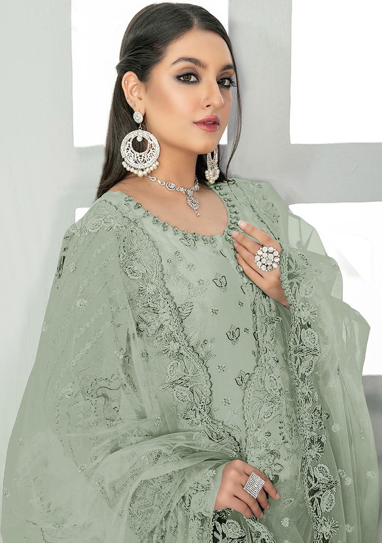 Light Green Embroidered Faux Georgette Kurta Set