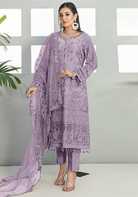 Lavender Embroidered Faux Georgette Kurta Set