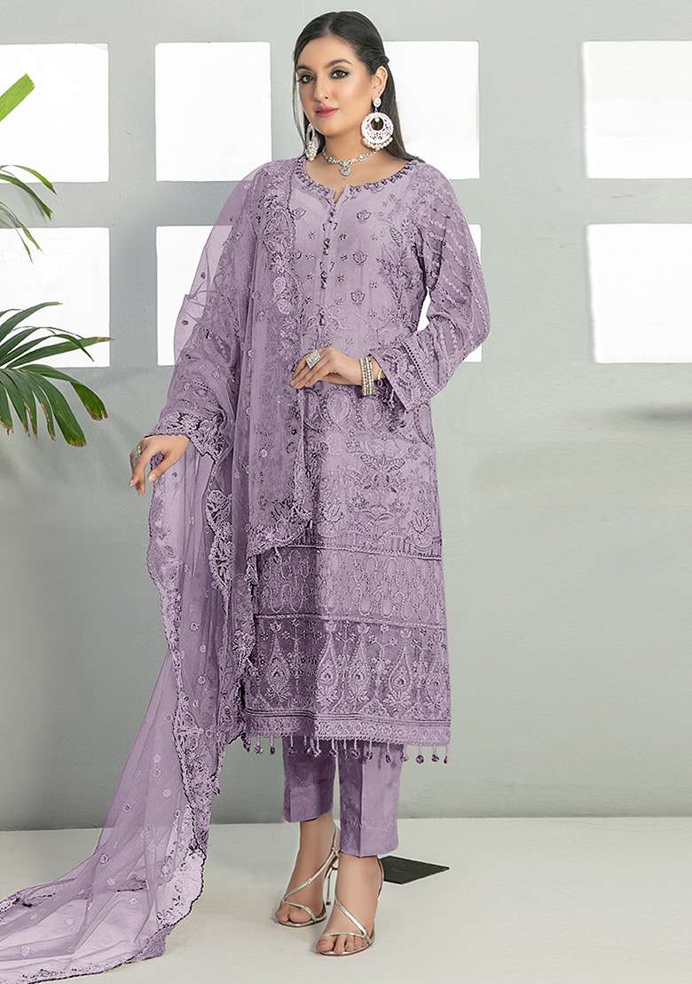 Lavender Embroidered Faux Georgette Kurta Set - Indya