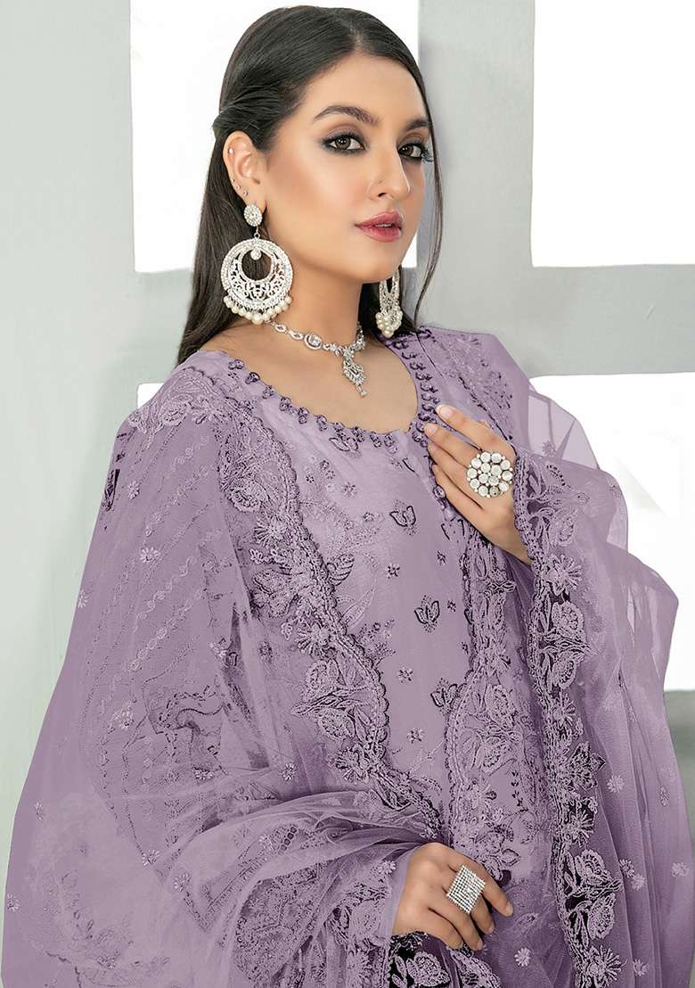 Lavender Embroidered Faux Georgette Kurta Set - Indya