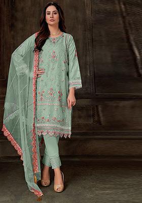 Light Green Embroidered Faux Georgette Kurta Set