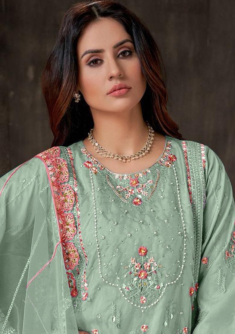 Light Green Embroidered Faux Georgette Kurta Set