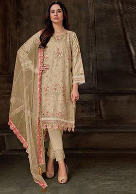 Cream Embroidered Faux Georgette Kurta Set