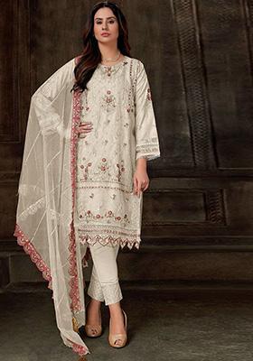 White Embroidered Faux Georgette Kurta Set