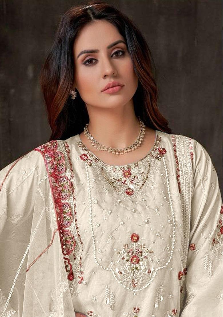 White Embroidered Faux Georgette Kurta Set