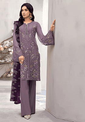 Purple Embroidered Faux Georgette Kurta Set