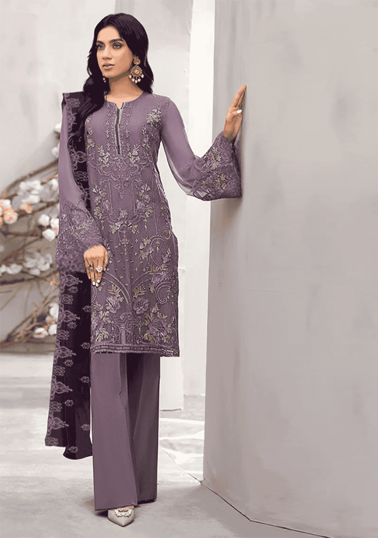 Purple Embroidered Georgette Pakistani Suit Set - Indya