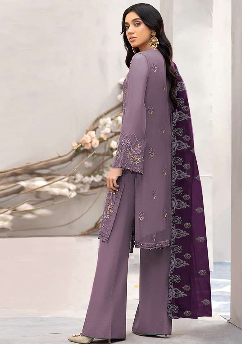 Purple Embroidered Georgette Pakistani Suit Set - Indya