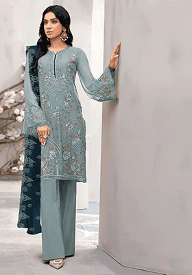 Light Green Embroidered Faux Georgette Kurta Set