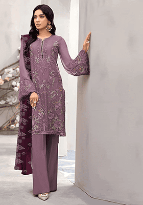 Light Purple Embroidered Faux Georgette Kurta Set
