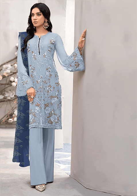 Sky Blue Embroidered Faux Georgette Kurta Set