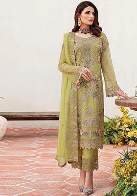 Lemon Yellow Embroidered Faux Georgette Kurta Set