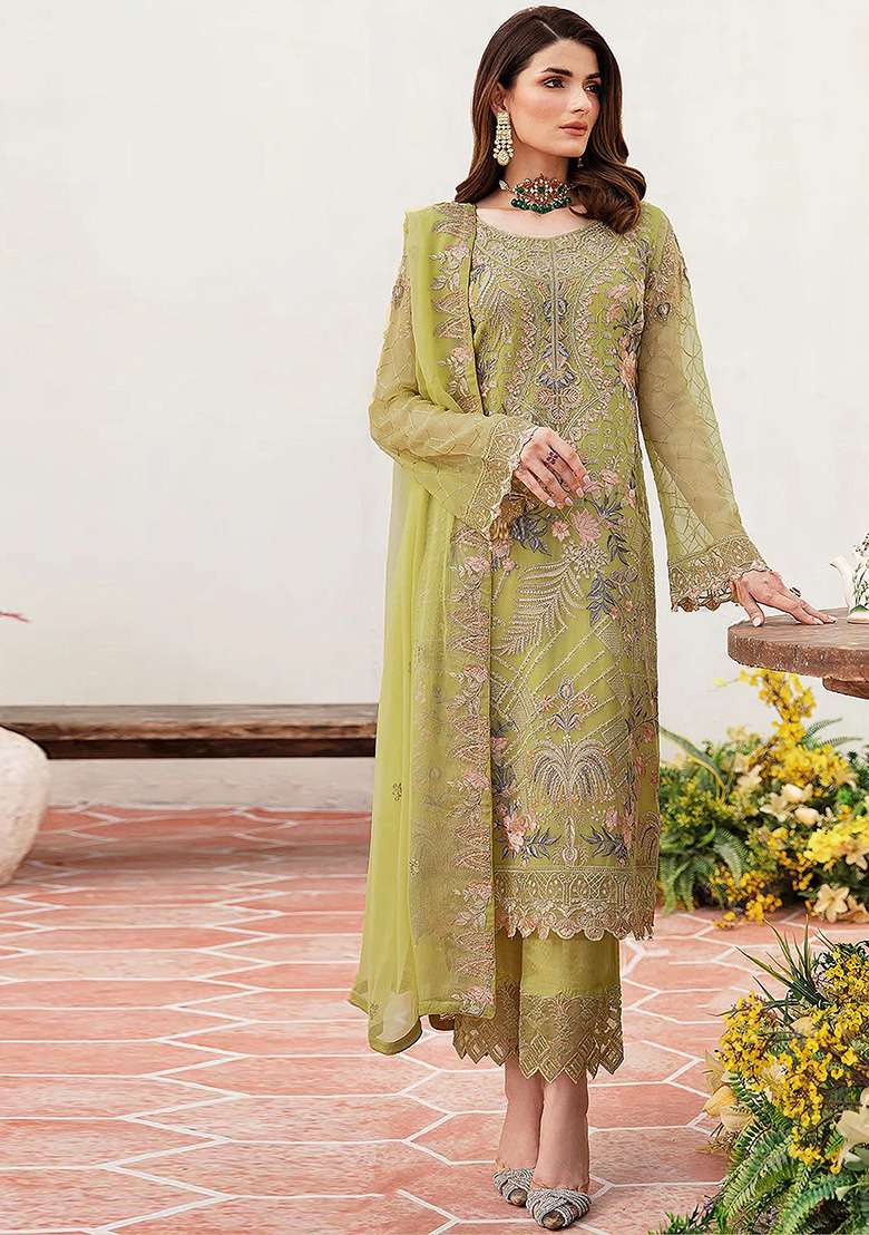 Lemon Yellow Embroidered Faux Blooming Pakistani Suit Set - Indya