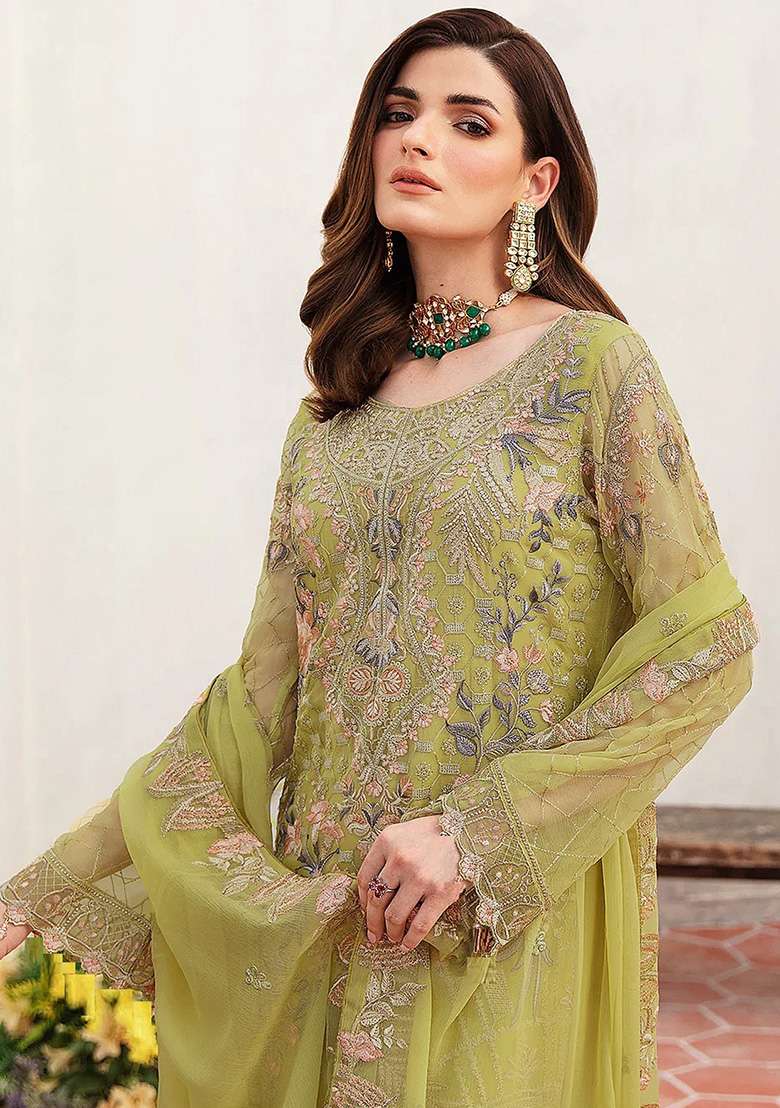 Lemon Yellow Embroidered Faux Blooming Pakistani Suit Set - Indya