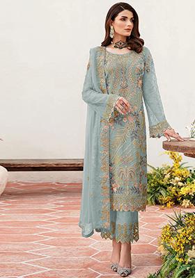 Sky Blue Embroidered Faux Georgette Kurta Set