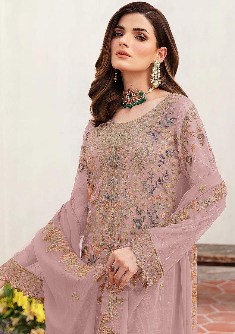 Light Purple Embroidered Faux Georgette Kurta Set