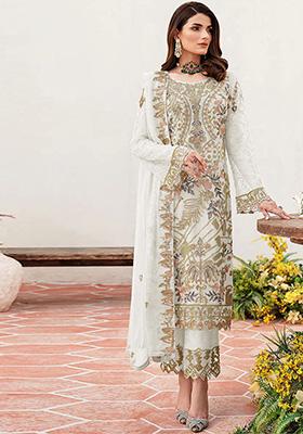 White Embroidered Faux Georgette Kurta Set