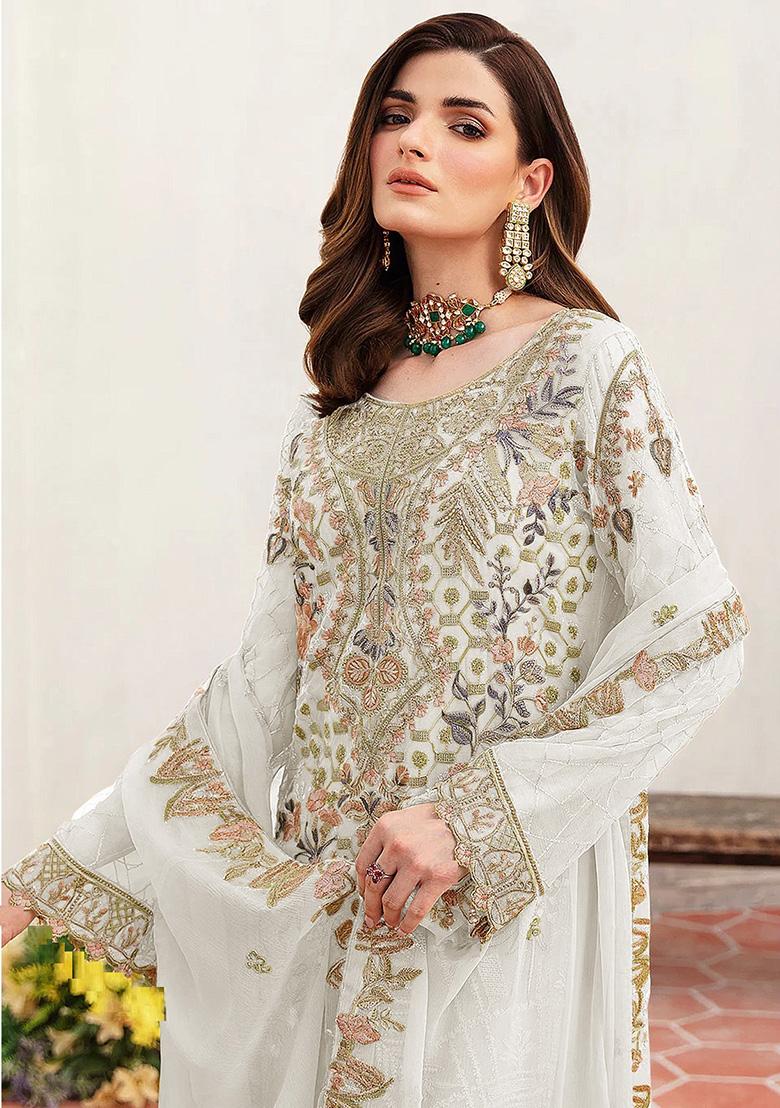 White Embroidered Faux Georgette Kurta Set