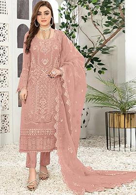 Peach Embroidered Faux Georgette Kurta Set