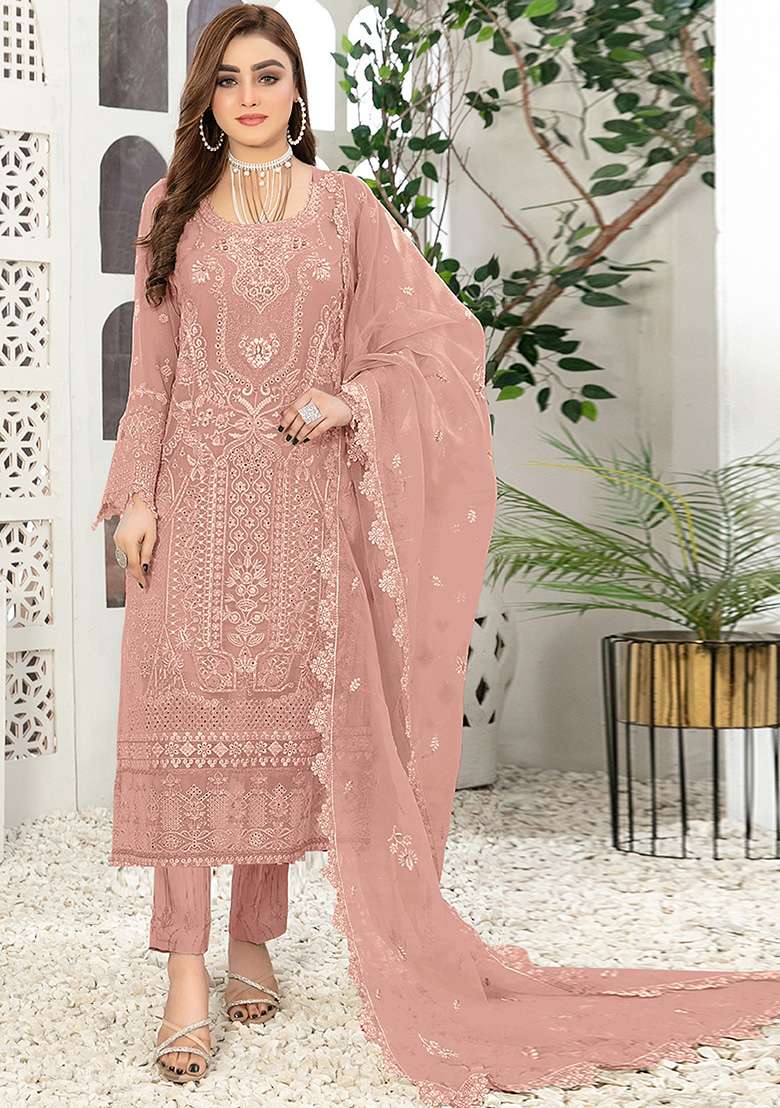 Peach Embroidered Faux Georgette Kurta Set - Indya