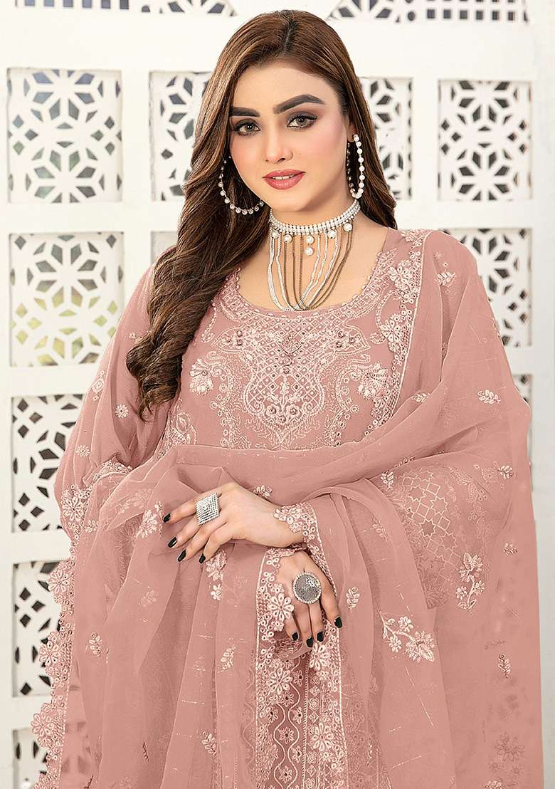 Peach Embroidered Faux Georgette Kurta Set - Indya