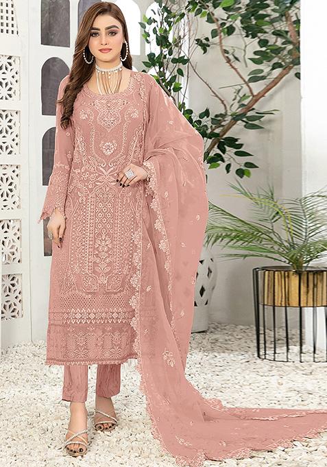 Peach Embroidered Faux Georgette Kurta Set