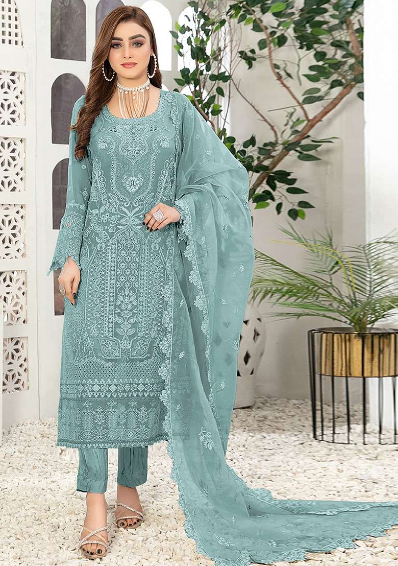 Light Grey Embroidered Faux Georgette Kurta Set - Indya