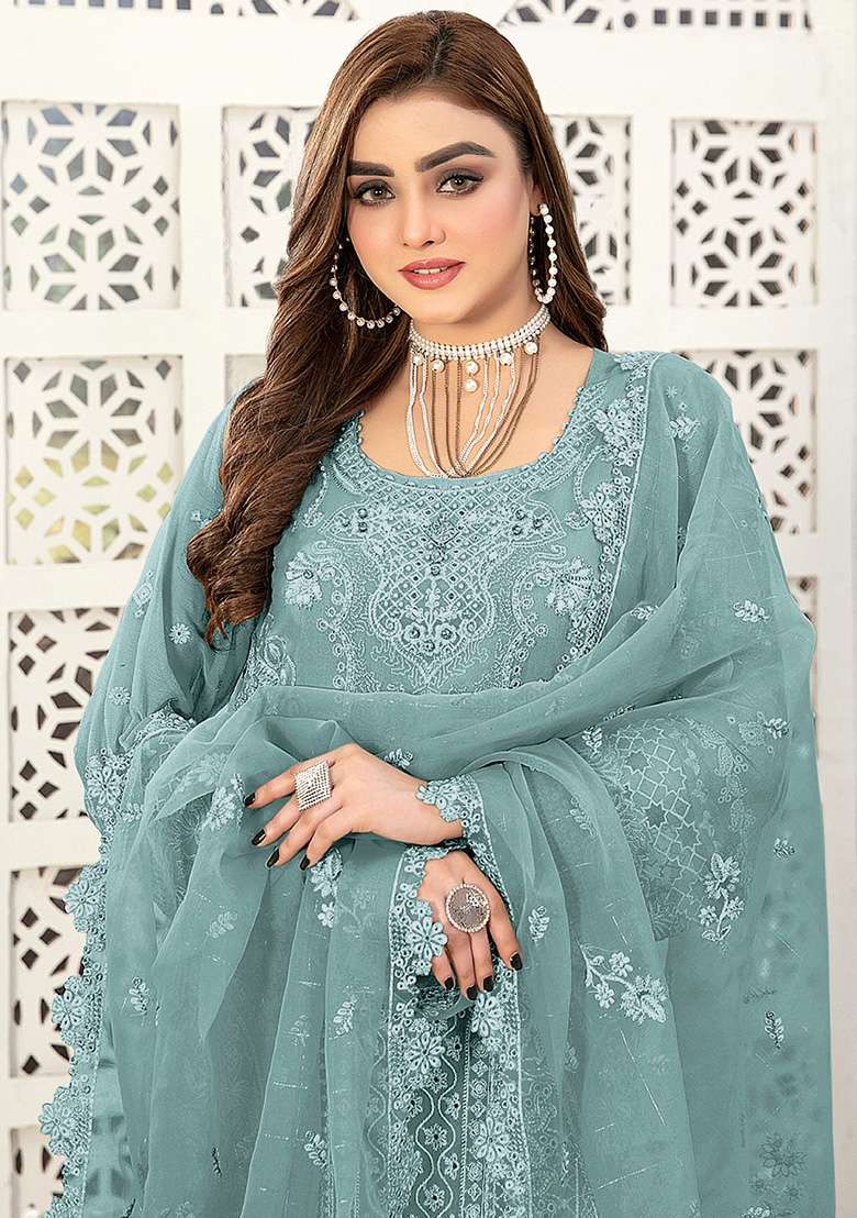Light Grey Embroidered Faux Georgette Kurta Set - Indya